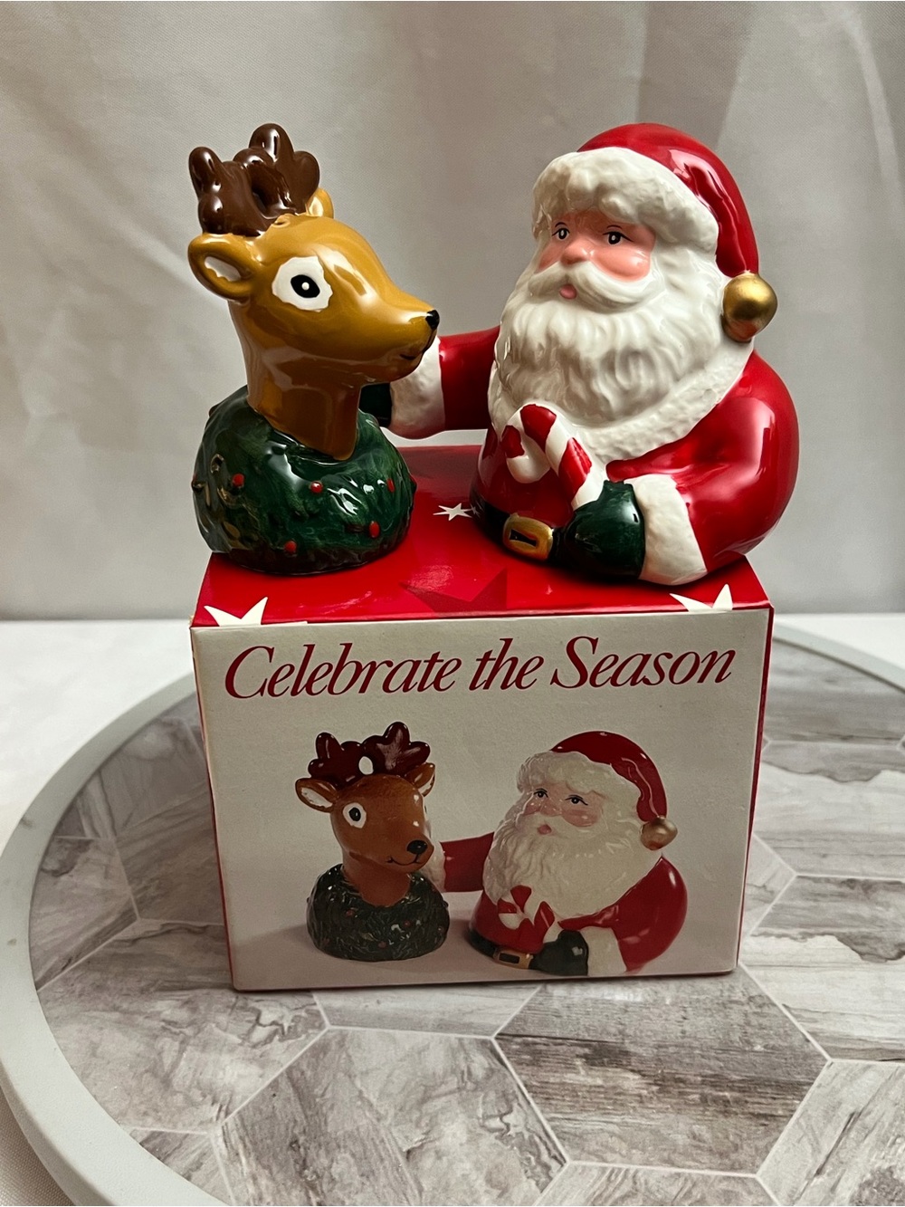 Vintage 1996 Santa & Reindeer Ceramic Salt Pepper Shakers Christmas Box